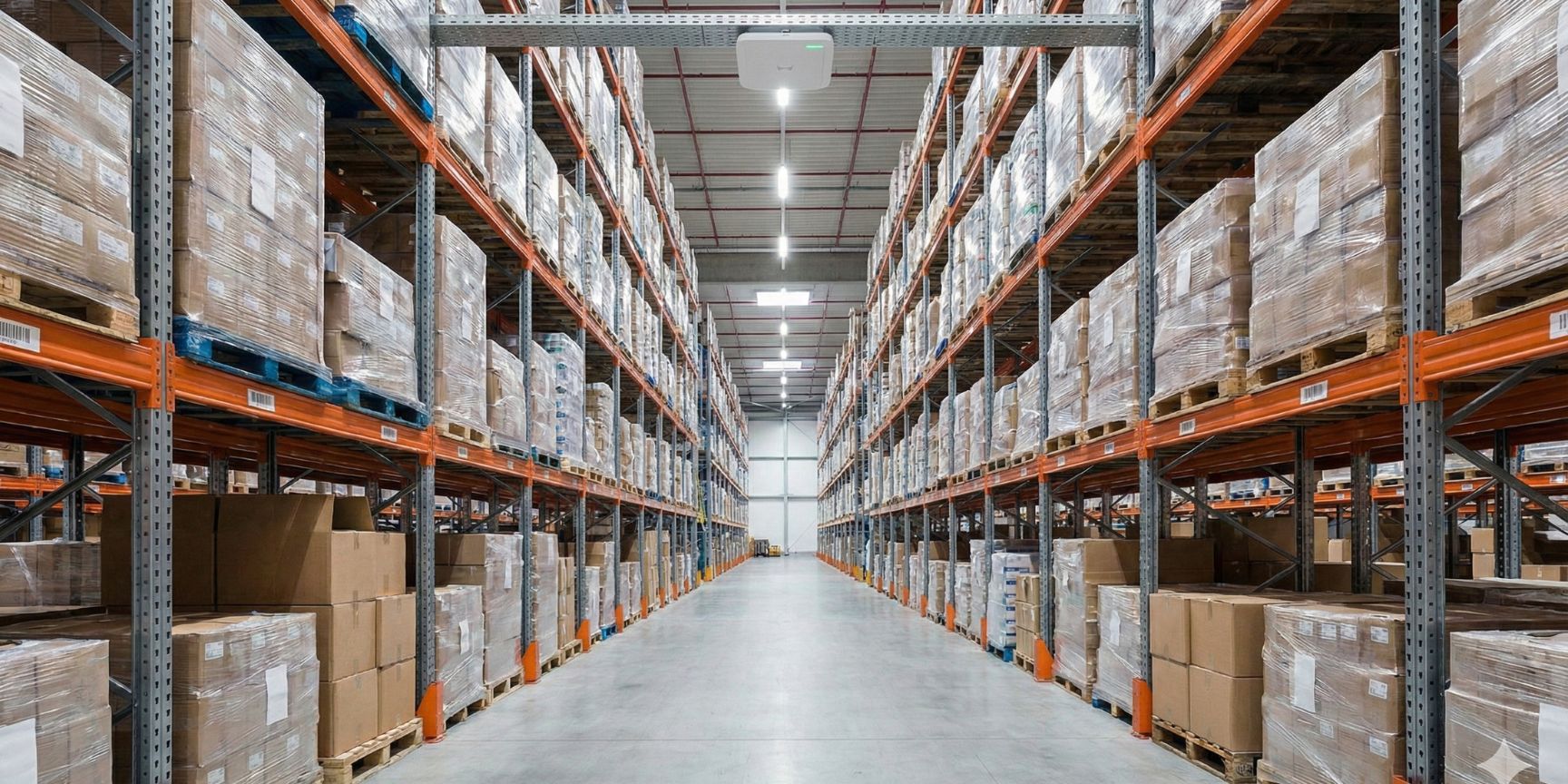 Blick in einen langen Gang eines voll bestückten Hochregallagers, an dessen Decke ein WLAN Access Point zur Sicherstellung der Funkabdeckung für mobile Scanner installiert ist